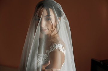 Fototapeta na wymiar girl in a wedding dress at home; preparing the bride for the holiday; bride in a wedding dress against a dark wall