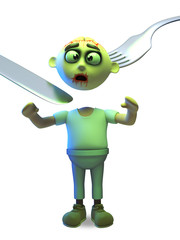 Unfortunate Halloween zombie monster has his head removed by a knife and fork, 3d illustration