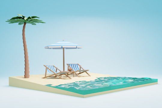 3D Render of sea beach with chairs and umbrella