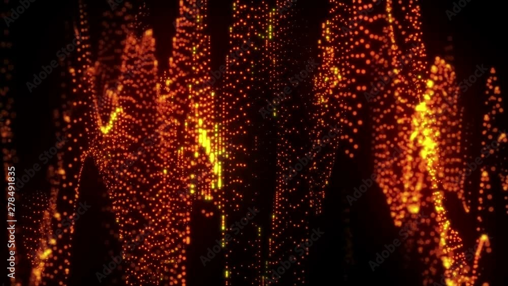 Poster 4k sound wave. abstract motion glowing orange waves with neon dots. data visualization dynamic. futu
