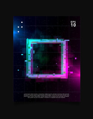 Square glitch effect in space laser grid with blue and pink glows and smoke. Retrowave vaporwave synthwave design for poster, flyer, cover, brochure, card, club invitation.