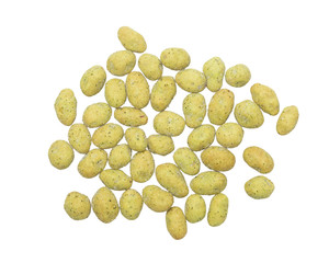 top view of wasabi crispy peanut snack balls isolated on white background.
