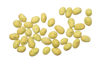 top view of wasabi crispy peanut snack balls isolated on white background.