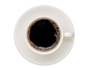 coffee cup, coffee black in white ceramic cup, top view  isolated on white background.