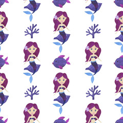 Seamless pattern Mermaid watercolor beautiful children's illustrations Maritime fairy tale characters collection Underwater scenery corals starfish pearl shells digital paper scrapbooking textiles