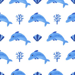 Seamless watercolor dolphin beautiful children illustrations of the fairy tale characters collection Underwater landscapes corals starfish pearl shells digital paper scrapbooking textiles