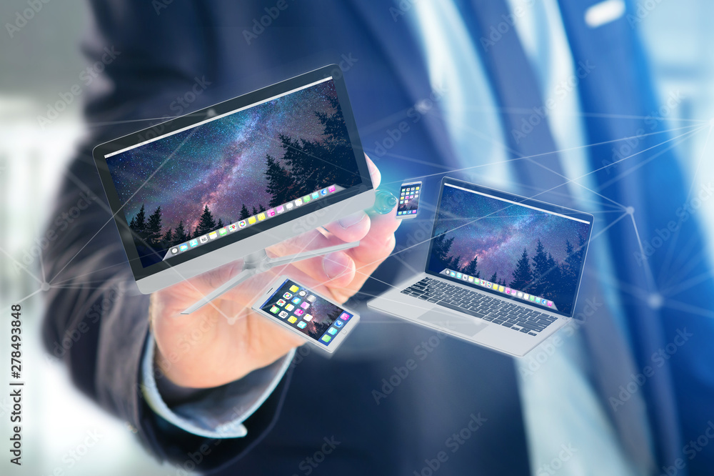 Poster devices like smartphone, tablet or computer flying over connection network - 3d render