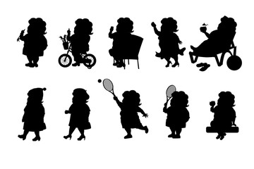 Set - a fat woman in different situations. Black silhouette