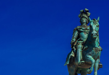 Fototapeta na wymiar King Jose I of Portugal, bronze statue erected in 1775 in the center of Praca do Comercio Square, Lisbon (with copy space)