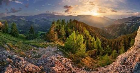 Keuken foto achterwand Tatra Lage Tatra berg zomer landschap. weide met enorme stenen tussen het gras.