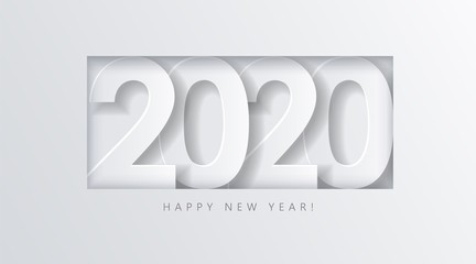 2020 Happy New Year, white volumetric numbers on white background