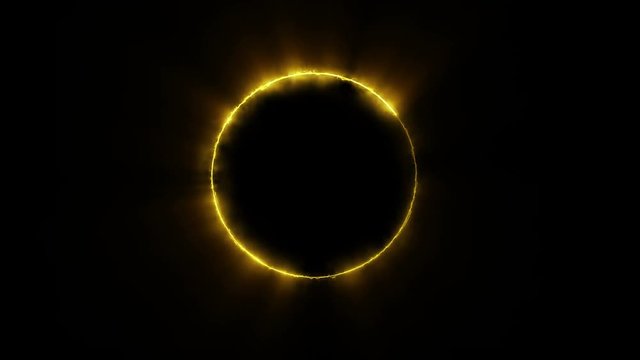 Template for text : Neon yellow glowing glare circle with rays. Bright light lines rotation. Gold Isolated frame. Black background. 4k  - Powered by Adobe