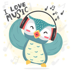 Fototapeta premium happy dance blue owl listen music and sing song with headphone, printable flat vecter cute cartoon for kid