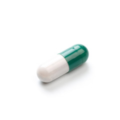Capsule, pill on white background - isolated. Drug for health care. Biological food additives. Medical background for presentations and advertising of drugs