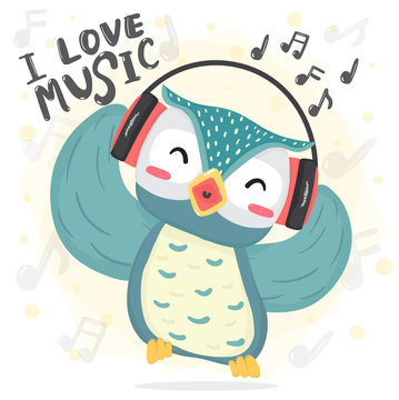 happy dance blue owl listen music and sing song with headphone, printable flat vecter cute cartoon for kid