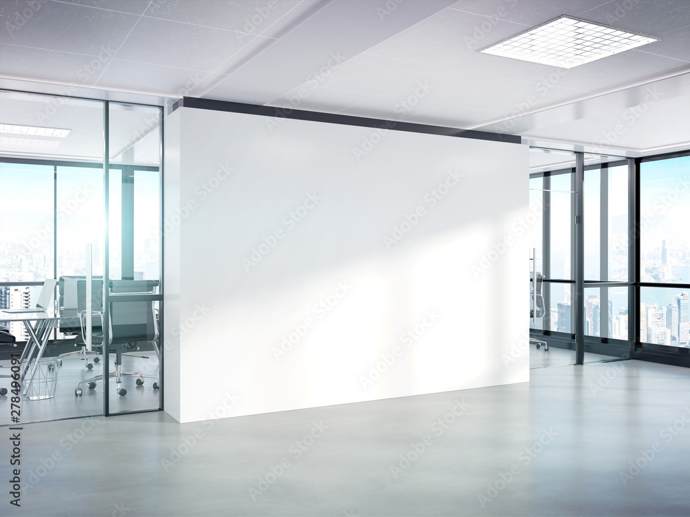 Poster blank white wall in concrete office with large windows mockup 3d rendering