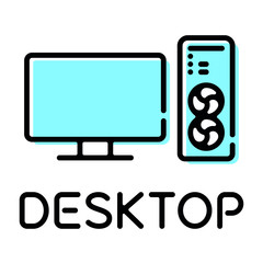 Desktop computer tower case system with monitor product type thin line style icon with text label