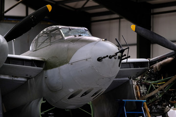cockpi and nose armament with radar aerial on British mosquito world war two night fighter.