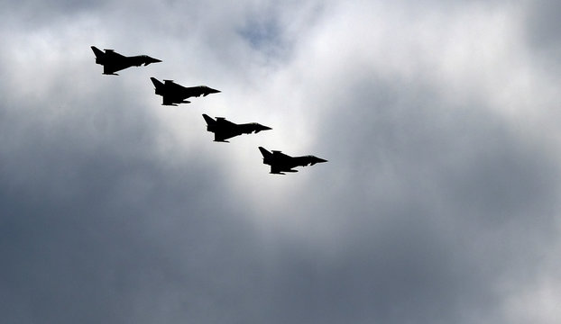 flight of four British typhoon fast jet air sueriority fighters.