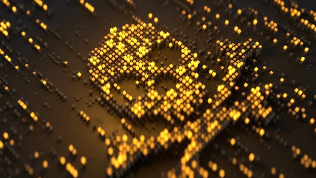 Skull and crossbones made from yellow cubes. Malicious computer code or hacking concept. Seamless loop 3D render animation with DOF