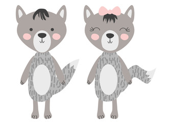 grey wolfs isolated on white background. Cute forest animals in scandinavian and folk style. Scandinavian style flat design.