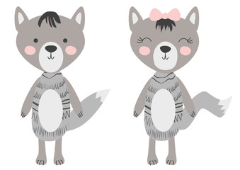 grey wolfs isolated on white background. Cute forest animals in scandinavian and folk style. Scandinavian style flat design.