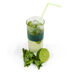 Mojito in glass, mint, lime on a white background