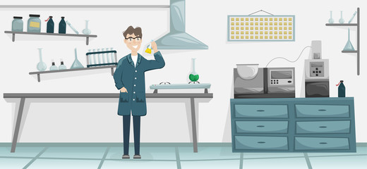 Male chemist with a flask with a chemical substance in the hand. Scientific laboratory. Medical equipment. Scientist conducting an experiment.