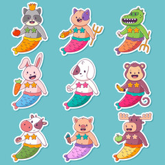 Cute mermaid child animal vector cartoon character set isolated on a white background.