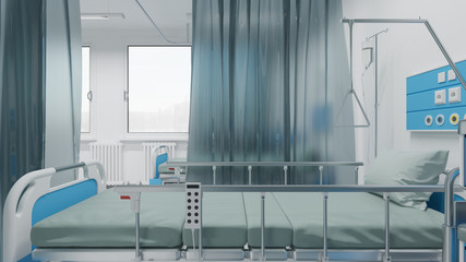 Medical Beds Separated by Nylon Curtains Inside a Recovery Room 3D Rendering