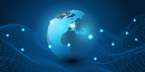 Abstract Blue Minimal Style Cloud Computing, Networks Structure, Telecommunications Concept Design, Network Connections, Transparent Wavy Geometric Mesh - Vector Illustration