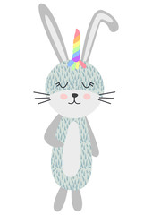 Cute Scandinavian unicorn bunny with a rainbow, kids design