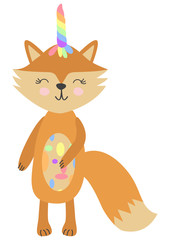 Cheerful fox unicorn fox with rainbow waving paw, child design