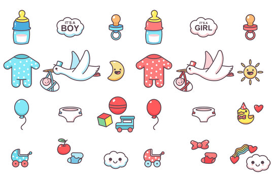 Cute kids elements for baby shower party vector cartoon set isolated on a white background.