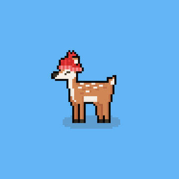 Pixel art cartoon deer wearing bobble hat character.8bit.Autumn.