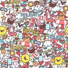 Summer vector seamless pattern with cartoon doodle elements. Background for wallpaper, wrapping, packing and backdrop.