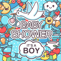 It's a boy vector seamless pattern with doodle elements. Baby shower cartoon background.