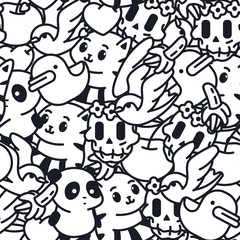 Doodle vector seamless pattern with duck, banana, cat, panda, sugar skull and swallow. Background for wallpaper, wrapping, packing and backdrop.