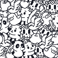 Obraz premium Doodle wektor wzór z kaczką, bananem, kotem, pandą, cukrową czaszką i jaskółką. Tło dla tapety, zawijania, pakowania i tła.