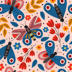 pink seamless pattern with butterflies and flowers  - vector illustration, eps