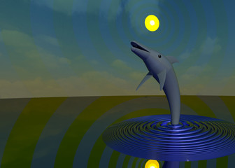 Dolphin character playing with the sun 3D illustration. Water, sea waves, reflections, sun, sky background. Collection.