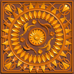 Wood carved ceiling architectural model design 3D illustration. Three types of wood, ornaments, pattern, details. Collection.