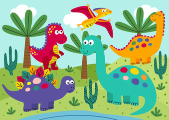 Fototapeta na wymiar cute dinosaurs with landscape background - vector illustration, eps