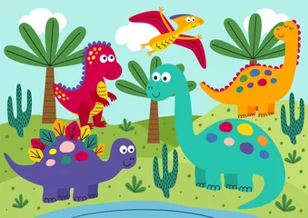 Rolgordijnen Kinderkamer cute dinosaurs with landscape background - vector illustration, eps  © nataka