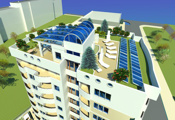 Green roof terrace with solar panels 3D illustration. Apartment building roof architectural design model, perspective, sky background. Collection.