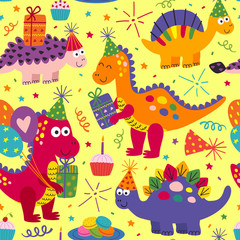 seamless pattern with cute dinosaurs Happy Birthday on yellow background - vector illustration, eps