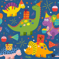 colorful seamless pattern with cute dinosaurs Happy Birthday - vector illustration, eps © nataka