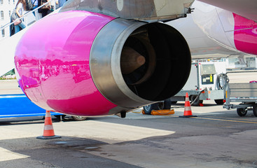 back view at airplane turbine