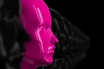 Abstract background with many identical black out of focus female doll faces, one of which is in focus and highlighted in pink color 3D illustration