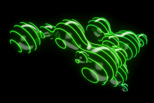 Abstract futuristic dark background of separating flying bubbles with glowing contours 3D illustration